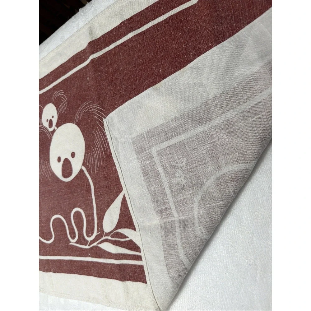 Australia Tea Towel Stylized Koala Bears & Baby Rustic Red White Cotton Linen